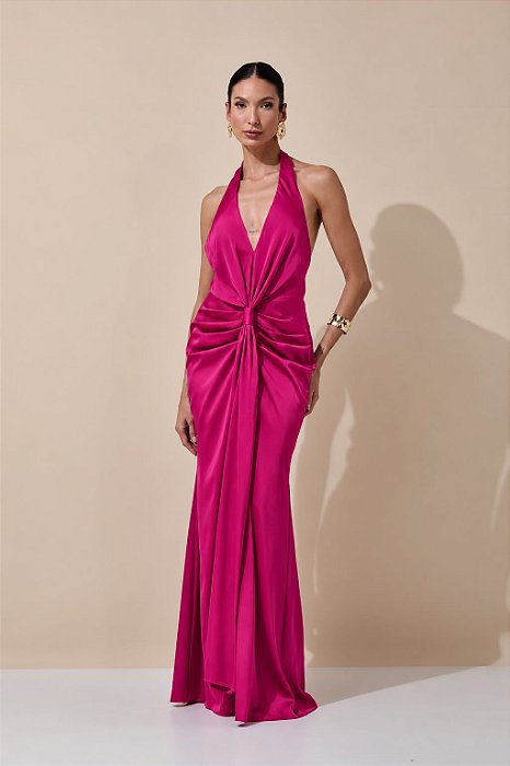 VESTIDO LONGO SEDA DECOTE V FRENTE ÚNICA COSTAS NUA DETLAHE DRAPEADO FRENTE FUCSIA