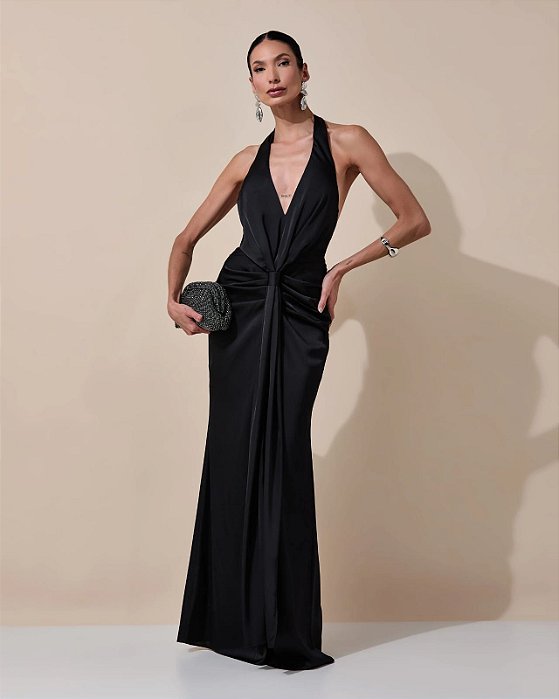 VESTIDO LONGO SEDA DECOTE V FRENTE ÚNICA COSTAS NUA DETLAHE DRAPEADO FRENTE PRETO