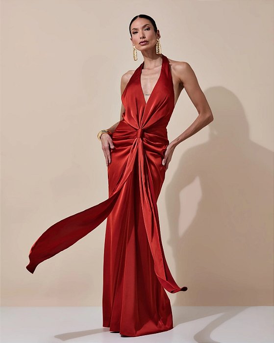 VESTIDO LONGO SEDA DECOTE V FRENTE ÚNICA COSTAS NUA DETLAHE DRAPEADO FRENTE VERMELHO