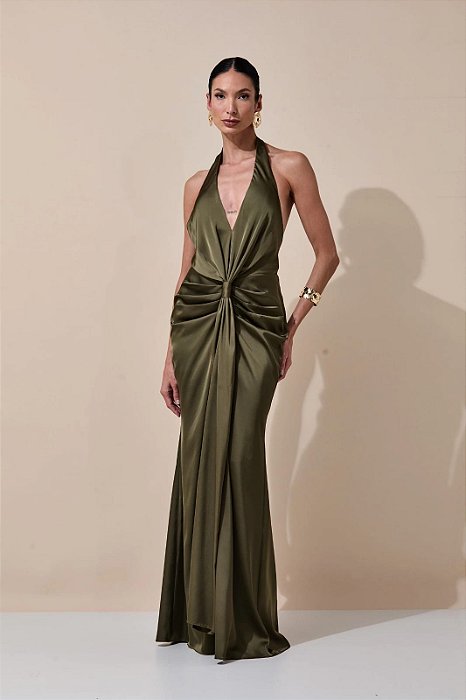 VESTIDO LONGO SEDA DECOTE V FRENTE ÚNICA COSTAS NUA DETLAHE DRAPEADO FRENTE VERDE OLIVA