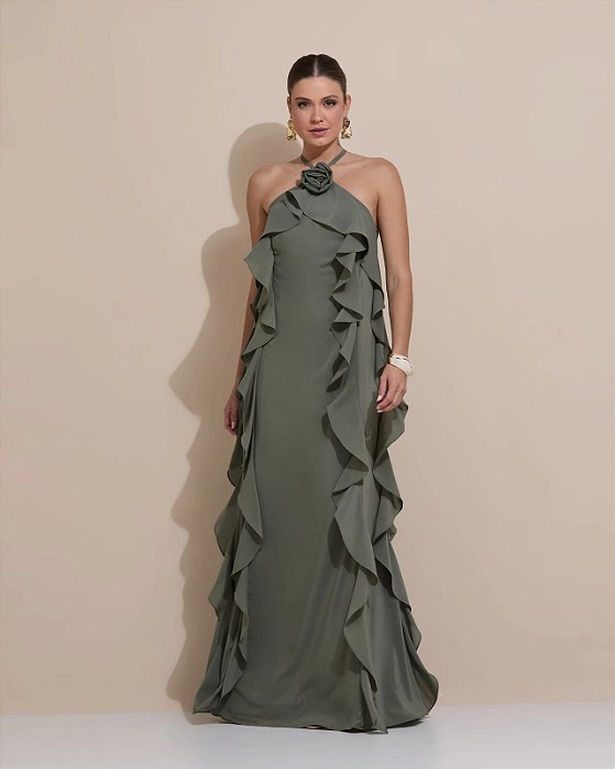 VESTIDO LONGO CREPE DE SEDA AMARRAÇÃO GOLA BUSTO E COMPRIMENTO C/ DETALHE BABADOS VERDE OLIVA