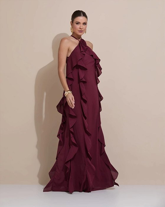 VESTIDO LONGO CREPE DE SEDA AMARRAÇÃO GOLA BUSTO E COMPRIMENTO C/ DETALHE BABADOS MARSALA