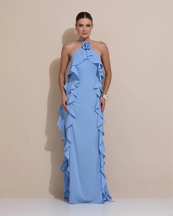 VESTIDO LONGO CREPE DE SEDA AMARRAÇÃO GOLA BUSTO E COMPRIMENTO C/ DETALHE BABADOS AZUL SERENITY