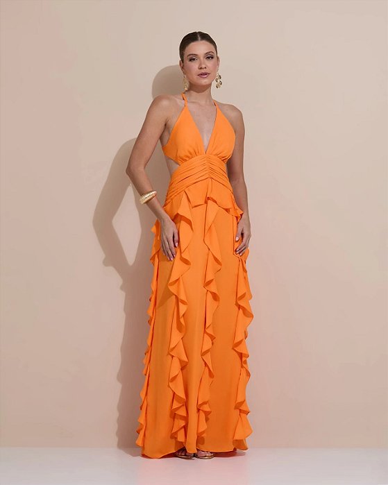 VESTIDO LONGO CREPE DE SEDA FRENTE ÚNICA COM AMARRAÇÃO FENDA LATERAL SAIA BABADOS VERTICAIS LARANJA
