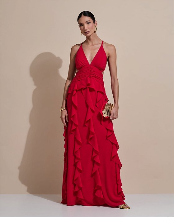 VESTIDO LONGO CREPE DE SEDA FRENTE ÚNICA COM AMARRAÇÃO FENDA LATERAL SAIA BABADOS VERTICAIS VERMELHO