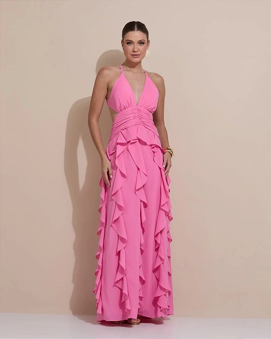 VESTIDO LONGO CREPE DE SEDA FRENTE ÚNICA COM AMARRAÇÃO FENDA LATERAL SAIA BABADOS VERTICAIS ROSA BEBÊ