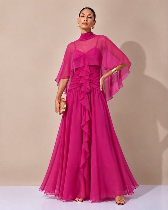VESTIDO LONGO CHIFFON DECOTE V ALÇA FINA BUSTO DRAPEADO C/ DETALHE BABADOS VERTICAL FUCSIA