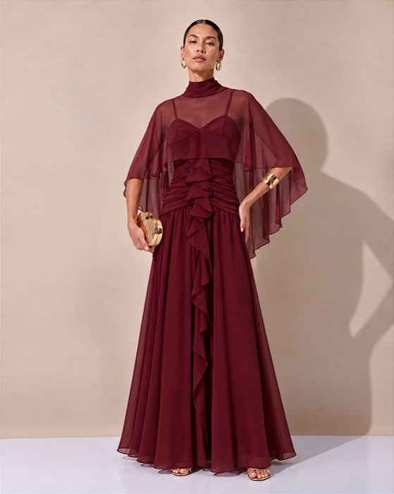 VESTIDO LONGO CHIFFON DECOTE V ALÇA FINA BUSTO DRAPEADO C/ DETALHE BABADOS VERTICAL MARSALA