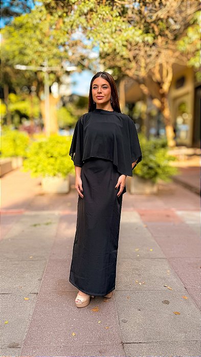 VESTIDO MIDI CHIFFON TOMARA QUE CAIA C/ CAPA REMOVÍVEL PRETO