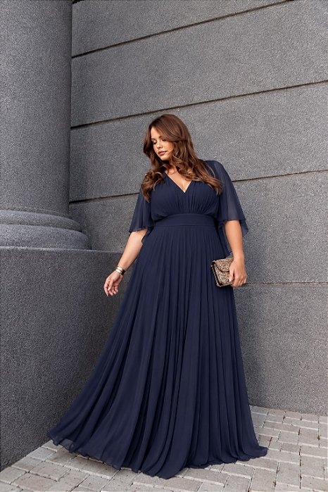 VESTIDO LONGO MICROTULE DECOTE V BUSTO DRAPEADO CAPA E MANGA CURTA AZUL MARINHO