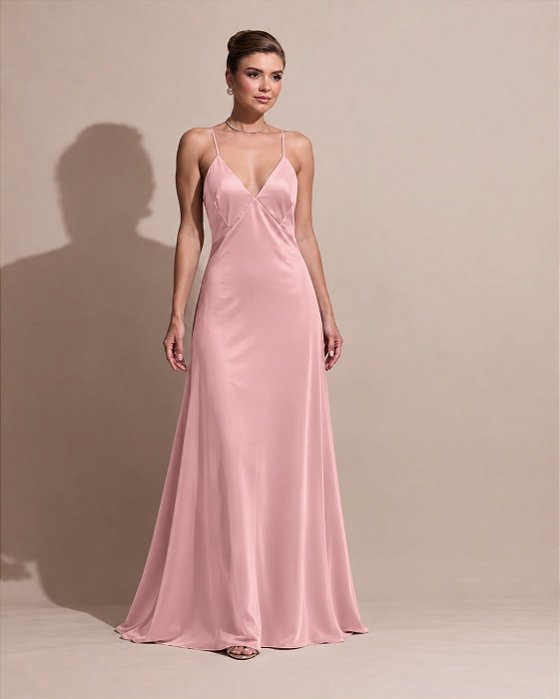 VESTIDO LONGO CETIM SLIP DRESS DECOTE V DETALHE ALÇA FINA COSTAS ROSA BEBÊ