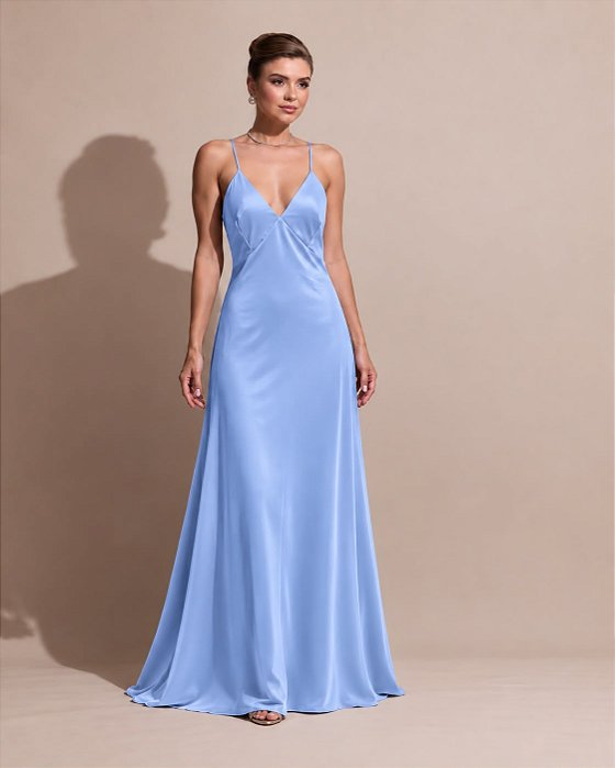 VESTIDO LONGO CETIM SLIP DRESS DECOTE V DETALHE ALÇA FINA COSTAS AZUL SERENITY