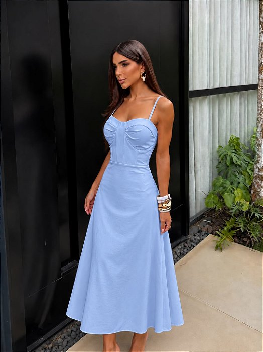 VESTIDO MIDI LINHO BUSTO MEIA TAÇA ALÇA FINA AMARRAÇÃO COSTAS AZUL SERENITY