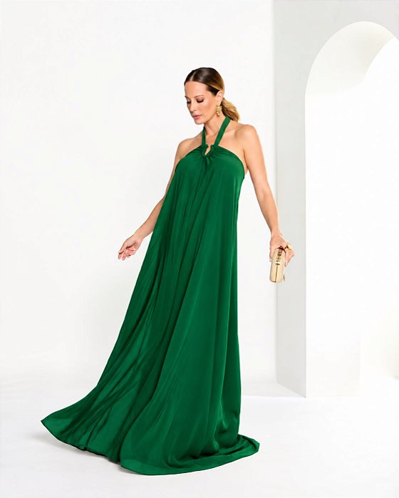 VESTIDO LONGO CHIFFON TOMARA QUE CAIA C/ AMARRAÇÃO DETALHE DECOTE VERDE ESMERALDA