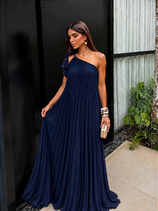VESTIDO LONGO CREPE DE SEDA DECOTE ASSIMETRICO C/ AMARRAÇAO PLISSADO AZUL MARINHO