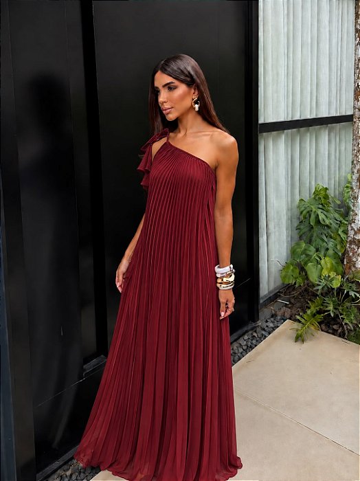 VESTIDO LONGO CREPE DE SEDA DECOTE ASSIMETRICO C/ AMARRAÇAO PLISSADO MARSALA