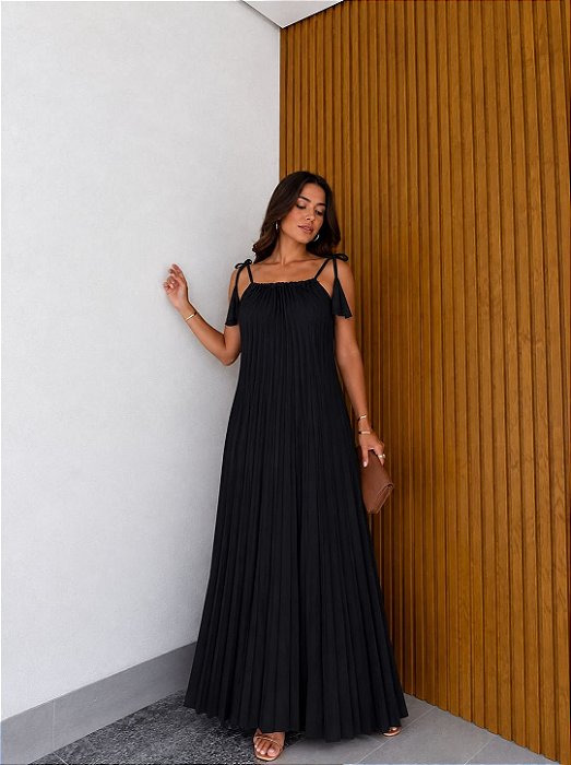 VESTIDO LONGO CREPE DE SEDA ALÇA FINA C/ AMARRAÇÃO PLISSADO PRETO