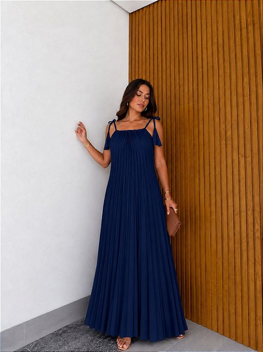 VESTIDO LONGO CREPE DE SEDA ALÇA FINA C/ AMARRAÇÃO  AZUL MARINHO