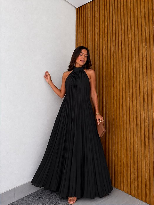 VESTIDO LONGO CREPE DE SEDA GOLA ALTA AMARRAÇÃO FRENTE ÚNICA PLISSADO PRETO