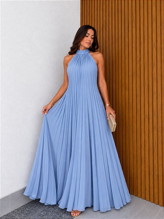 VESTIDO LONGO CREPE DE SEDA GOLA ALTA AMARRAÇÃO FRENTE ÚNICA PLISSADO AZUL SERENITY