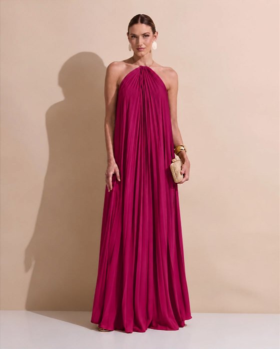 VESTIDO LONGO CREPE DE SEDA FRENTE ÚNICA GOLA C/ ARGOLA METÁLICA COMPRIMENTO PLISSADO PINK