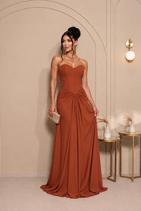 VESTIDO LONGO CHIFFON TOMARA QUE CAIA DETALHE NA CINTURA TERRACOTA