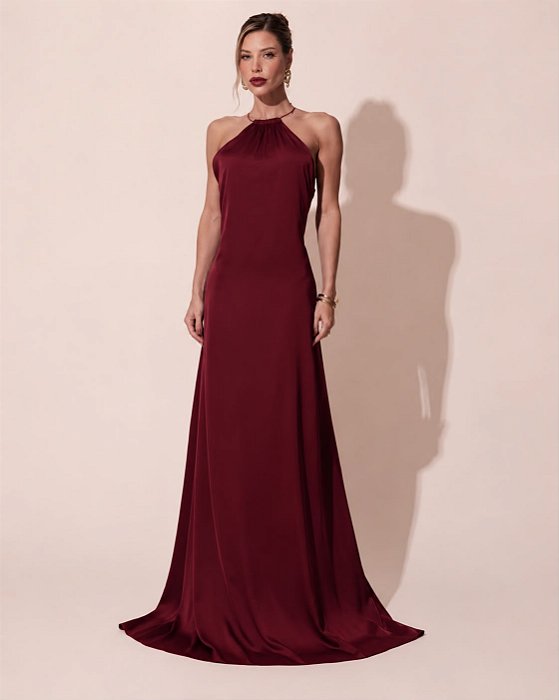 VESTIDO SEDA FRENTE ÚNICA GOLA MODELO COLAR MARSALA