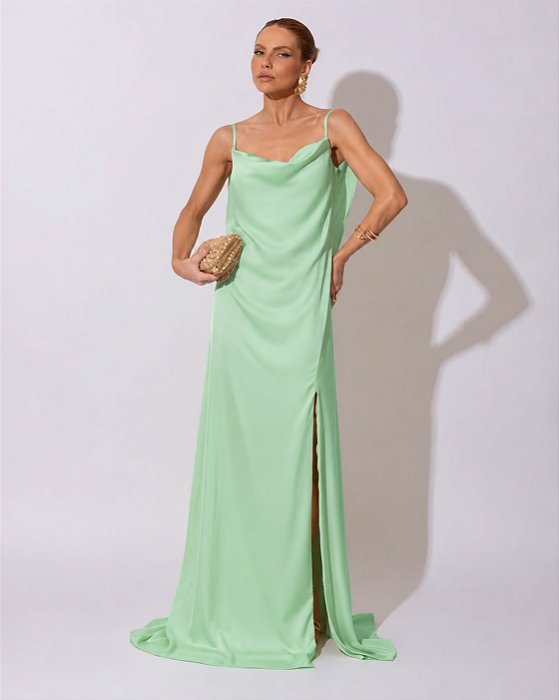 VESTIDO LONGO SEDA DECOTE DRAPEADO LISO COSTAS COM CAMADA SOBREPOSTA VERDE MENTA