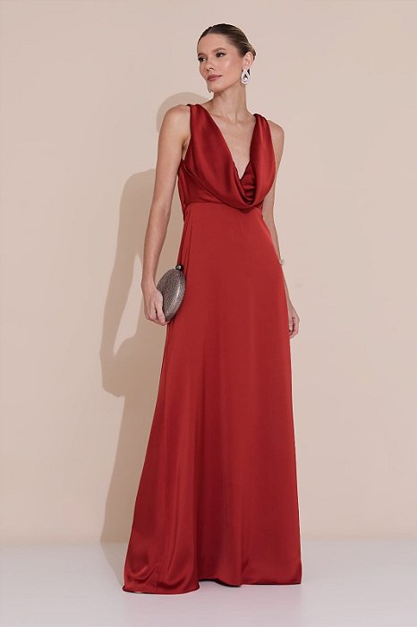 VESTIDO LONGO SEDA ALÇA LARGA DECOTE GOLA BOBA  AMARRAÇÃO COSTAS MARSALA