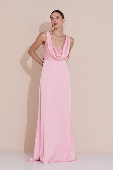 VESTIDO LONGO SEDA ALÇA LARGA DECOTE GOLA BOBA  AMARRAÇÃO COSTAS ROSÊ