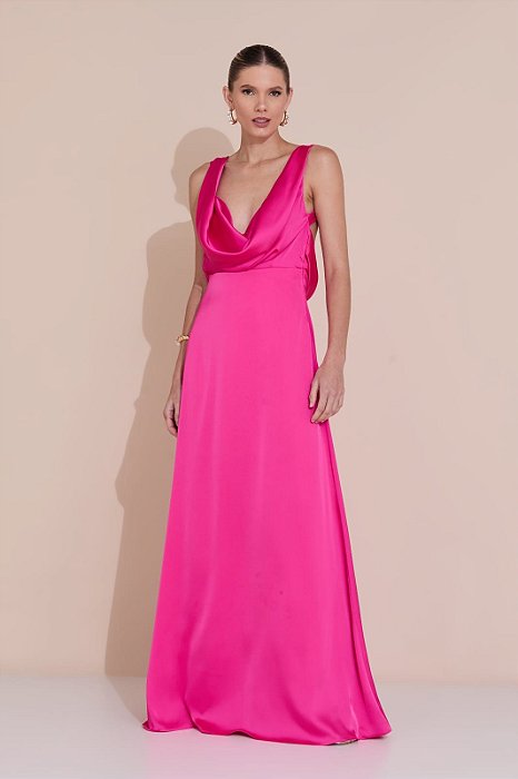 VESTIDO LONGO SEDA ALÇA LARGA DECOTE GOLA BOBA  AMARRAÇÃO COSTAS PINK