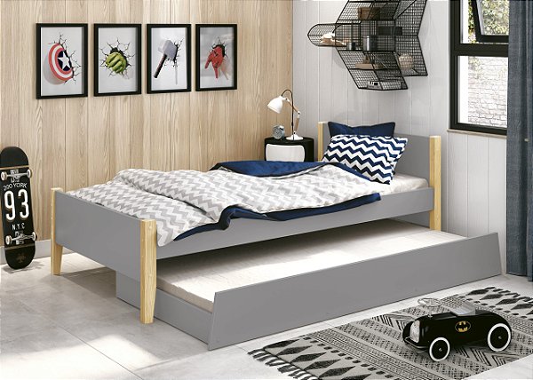 cama de solteiro cinza fosco  com pés em madeira natural- reller