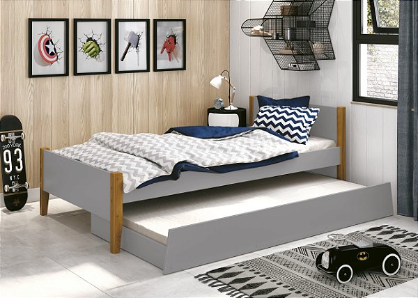 cama de solteiro cinza fosco  com pés em madeira- reller