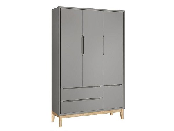 Roupeiro Classic 03 Portas Cinza com pés em madeira natural - Reller
