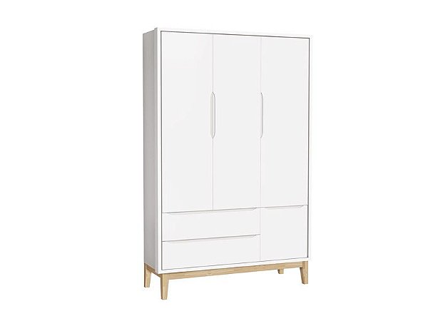 Roupeiro Classic 03 Portas Branco Fosco com pés em madeira natural - Reller