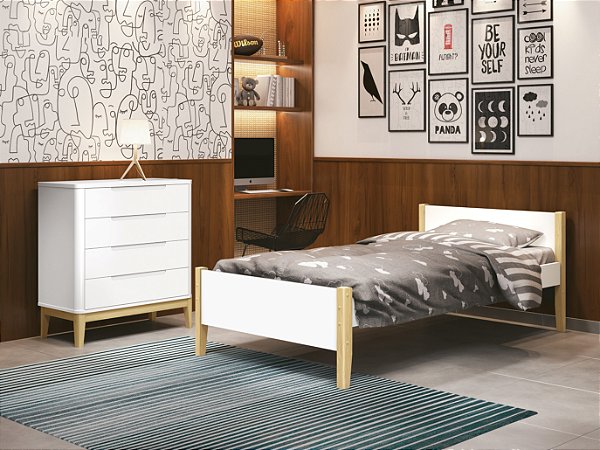 cama de solteiro branco fosco  com pés em madeira natural- reller