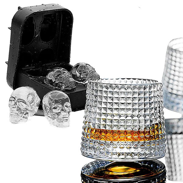 Kit Para Whisky: 1 Copo Giratório 360º + 1 Forminha Caveira 3D