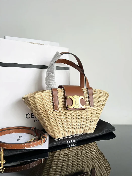 BOLSA CELINE PARIS CLASSIC PANIER CESTA TEEN EM PALHA E COURO
