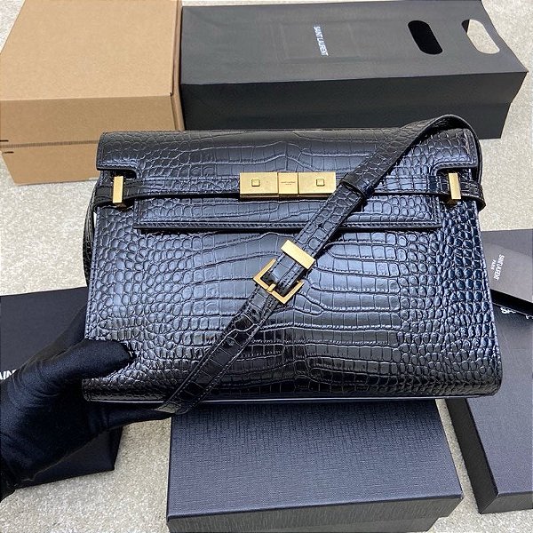 BOLSA SAINT LAURENT MANHATTAN SMALL SHOULDER CROC BLACK FERRAGENS DOURADAS