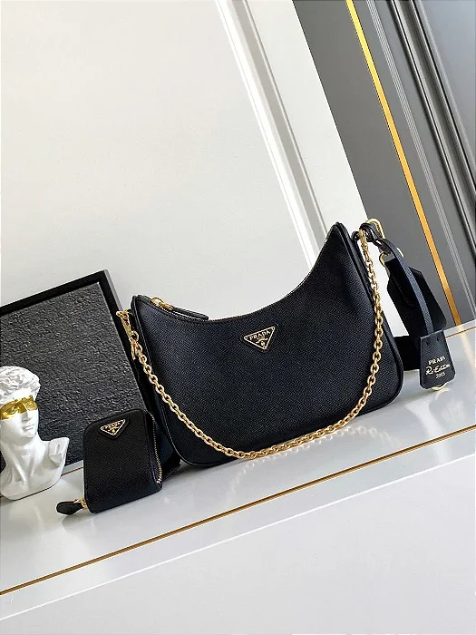 BOLSA PRADA CHAIN SHOULDER COURO PRETO
