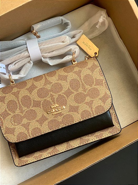 BOLSA COACH MINI KLARE CROSSBODY KHAKI PRETO FERRAGENS DOURADAS