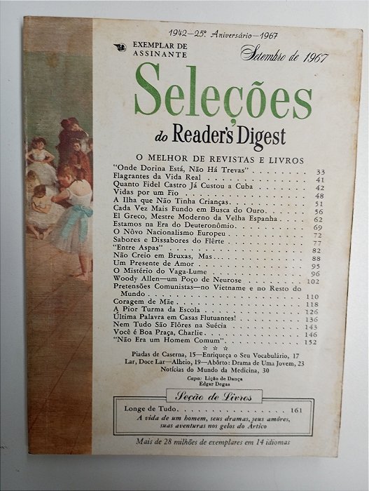 Revista Revista Readre´s Digest Seleções Setembro 1967 Autor Setembro 1967 (1967) [usado]
