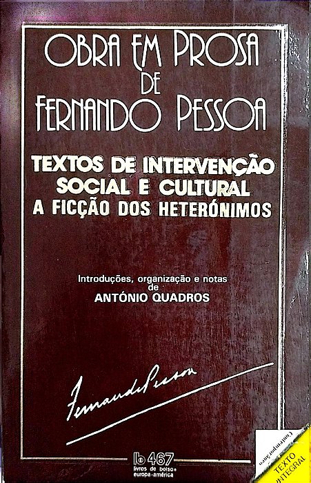 Livro Textos de Intervenção Social e Cultural: a Ficção dos Heterónimos Autor Pessoa, Fernando [usado]