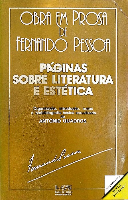 Livro Páginas sobre Literatura e Estética Autor Pessoa, Fernando [usado]