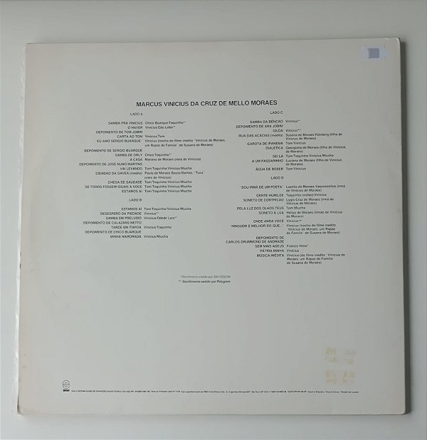 Disco de Vinil Marcus Vinicius da Cruz de Mello Moraes (2 Lps / 1990) Interprete Vários Artistas (1990) [usado]