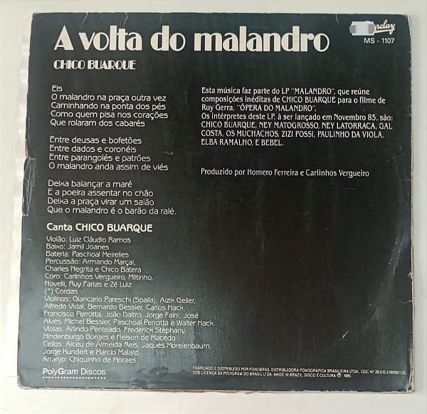Disco de Vinil a Volta do Malandro [single 1985] Chico Buarque Interprete Chico Buarque (1985) [usado]