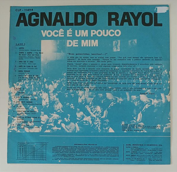 Disco de Vinil Você é um Pouco de mim Interprete Agnaldo Rayol [usado]