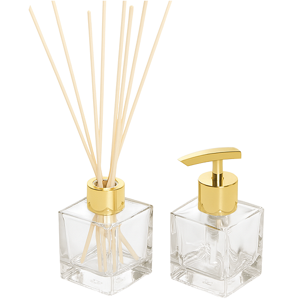 Kit Lavabo Luxo Frasco Cubo 250 ml + Vareta Madeira 25cm + Válvula Bico de Pato