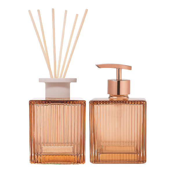 Kit Lavabo Frasco Clean Salmão 250ml + Varetas Fibra Madeira 25cm + Válvula Bico Pato Rose