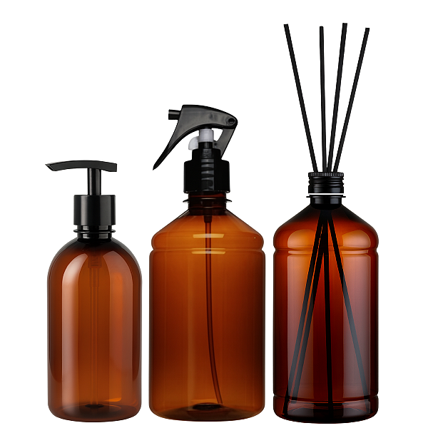 Kit Aromatizante Frasco Pet Âmbar + Mini Gatilho + Tampa Aluminio Preta + Varetas Fibra Preta 35cm